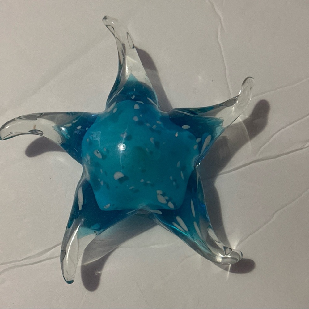 Art Glass Starfish Blue White Speckels Paperweight 5" Nautical Beach House Decor